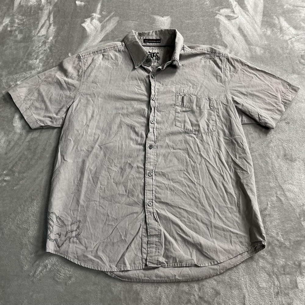 Y2K VTG Fox Racing Shirt Mens L Gray Striped Short Sleeve Button Up Casual Logo